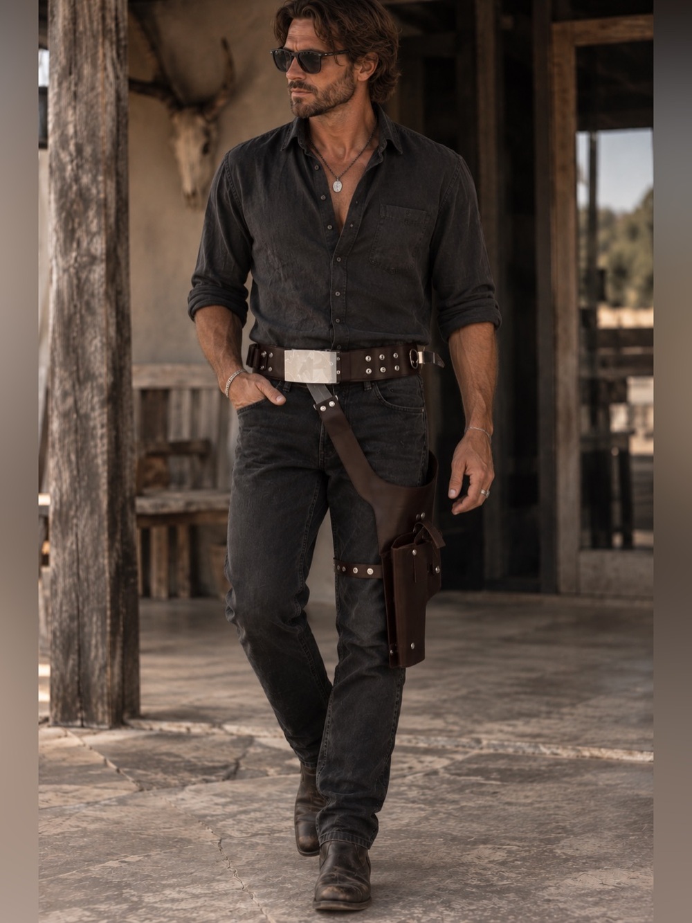 NEW Leather Western Holster Utility Belt Thigh Harness Brown Silver